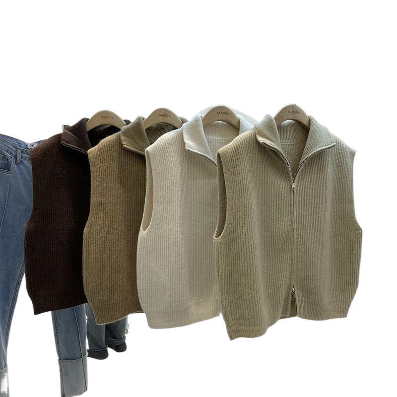 Casual Solid-Color Loose-Fit Zippered Knitted Vest For Layering