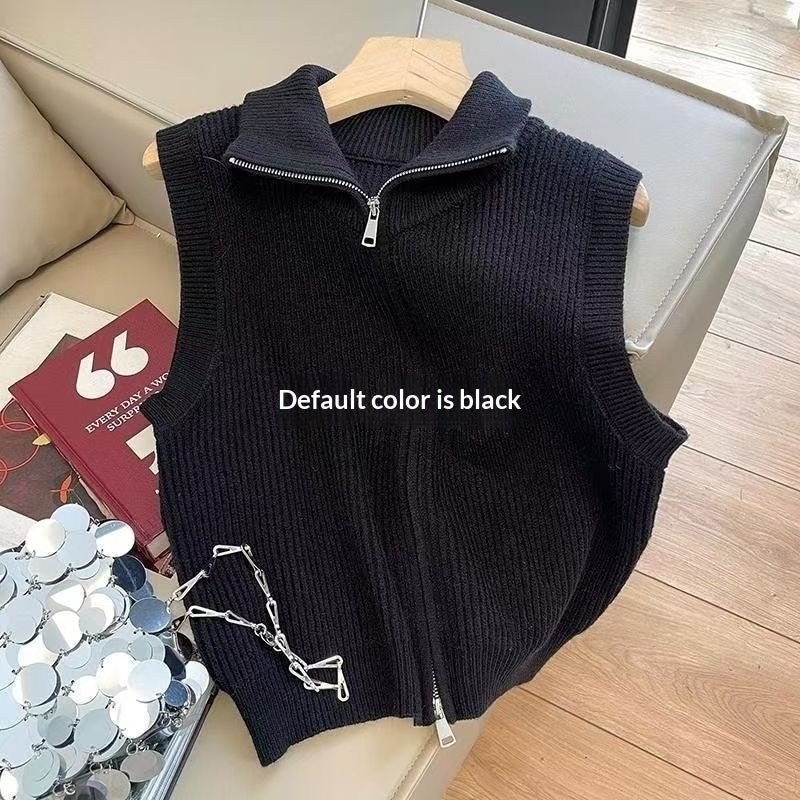 Casual Solid-Color Loose-Fit Zippered Knitted Vest For Layering