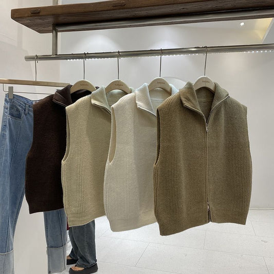 Casual Solid-Color Loose-Fit Zippered Knitted Vest For Layering
