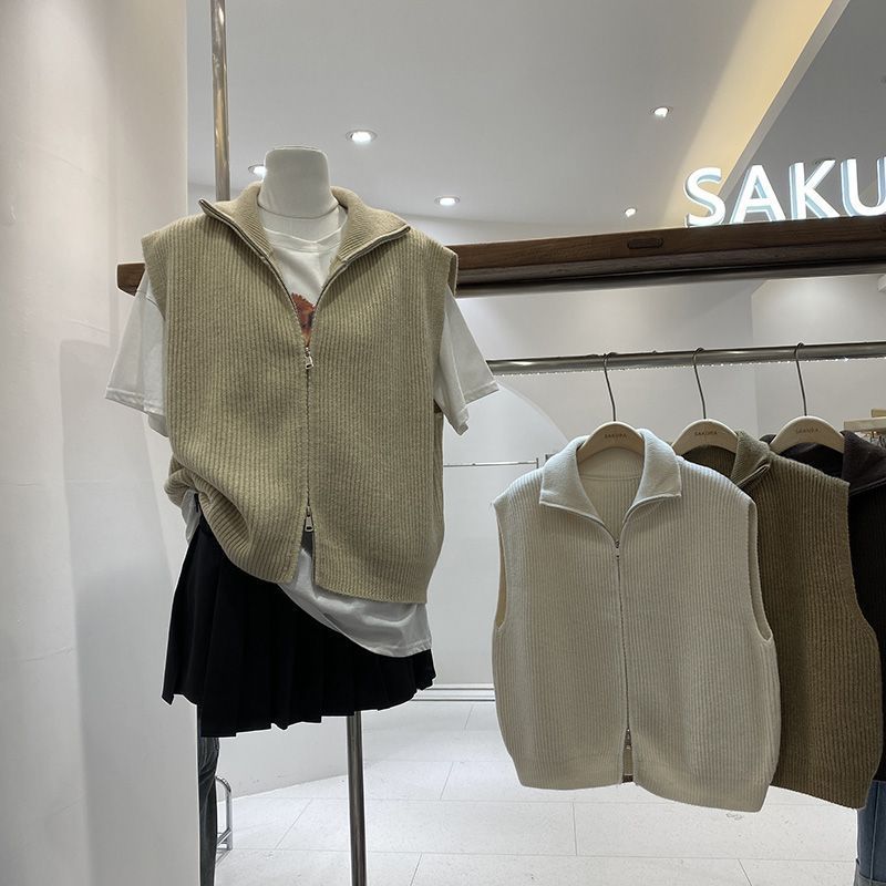 Casual Solid-Color Loose-Fit Zippered Knitted Vest For Layering